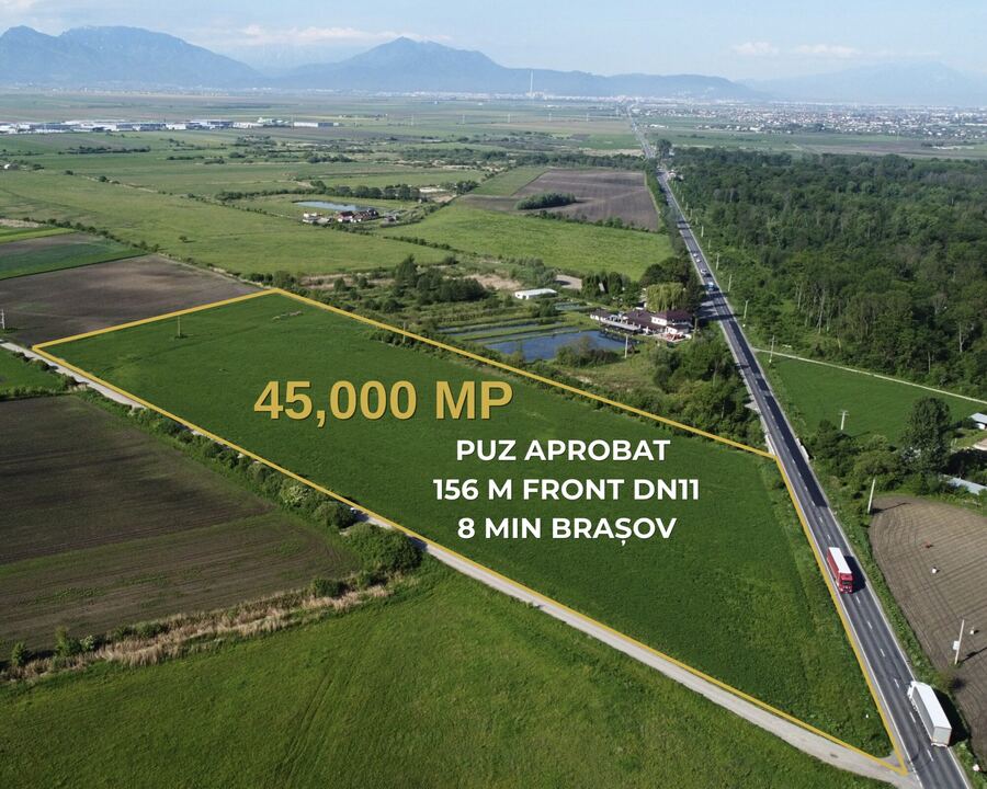 Teren 45.000 mp — PUZ aprobat, 156 m front DN11, 8 minute de Brașov